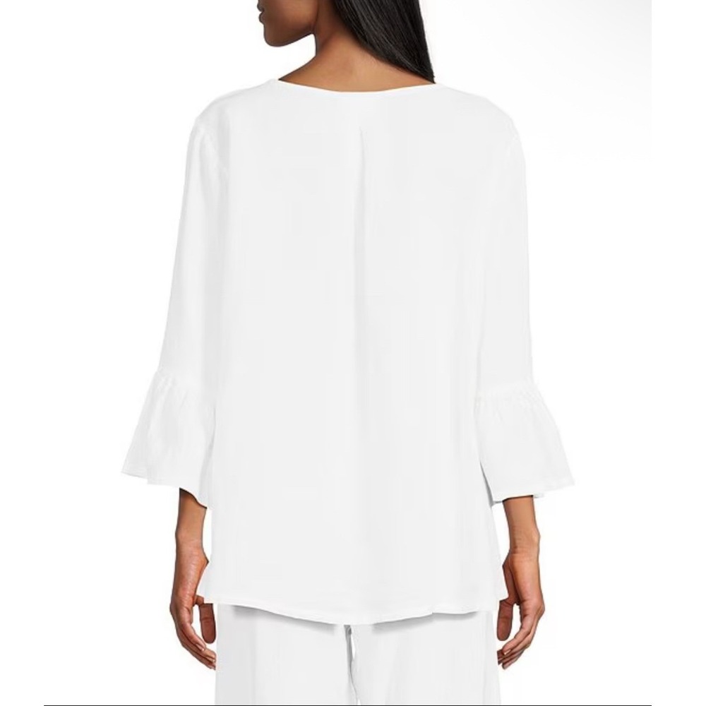 Bryn Walker Fran Basic Linen Ruffle Bell Sleeve High-Low Top White XL - Picture 3 of 14